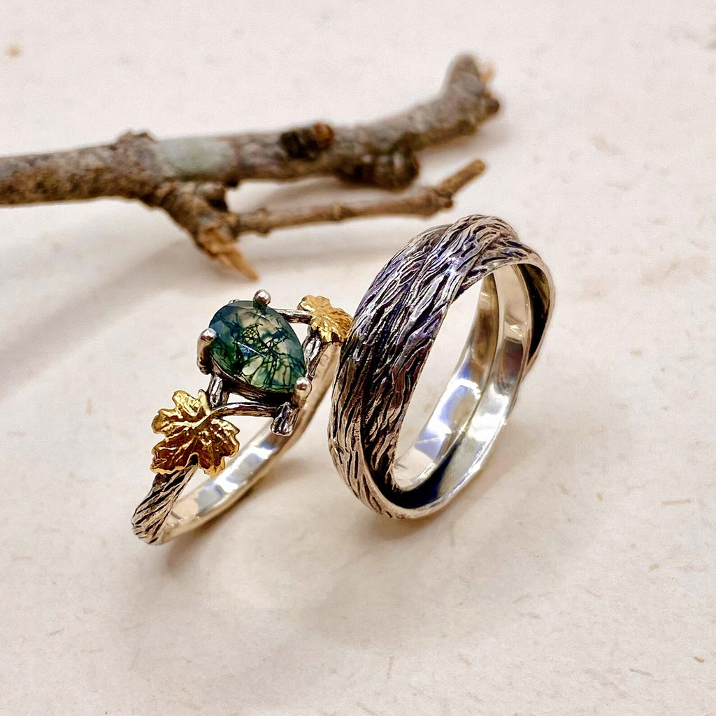 Moss Agate Sterling Silver Twig Ring Set