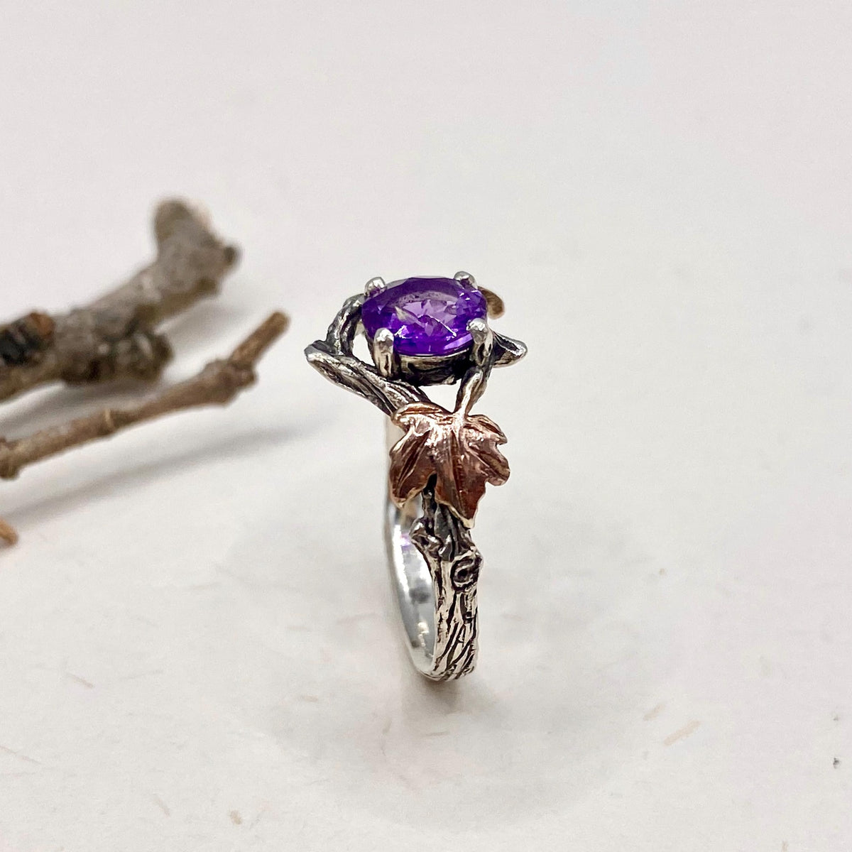 Amethyst Sterling Silver Twig Ring
