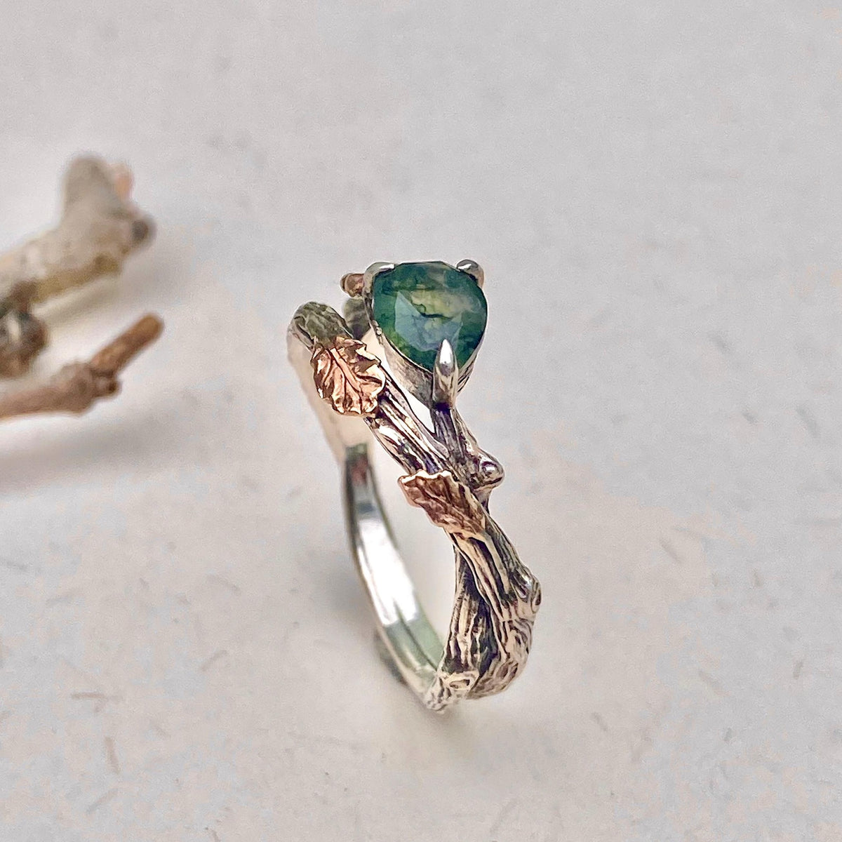 Moss Agate Sterling Silver Oak Leaf Ring