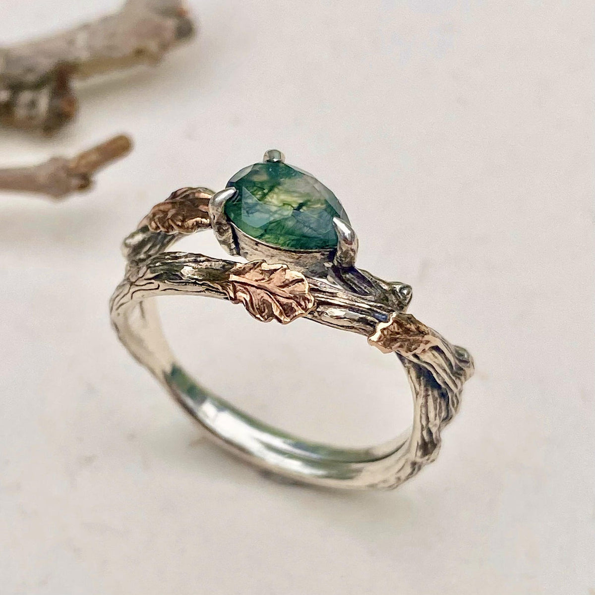 Moss Agate Sterling Silver Oak Leaf Ring