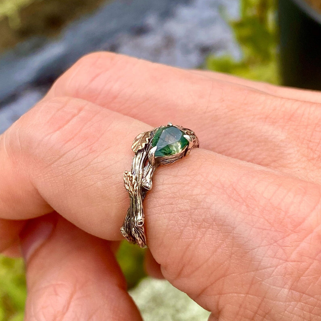 Moss Agate Sterling Silver Oak Leaf Ring