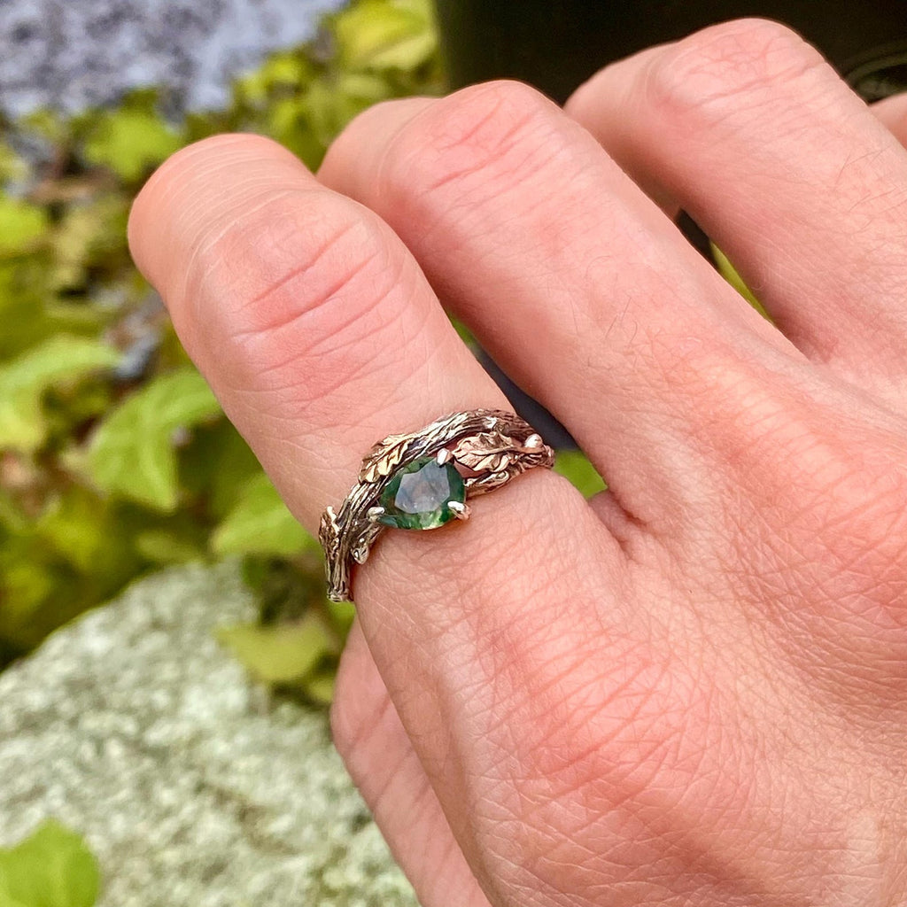Moss Agate Sterling Silver Oak Leaf Ring