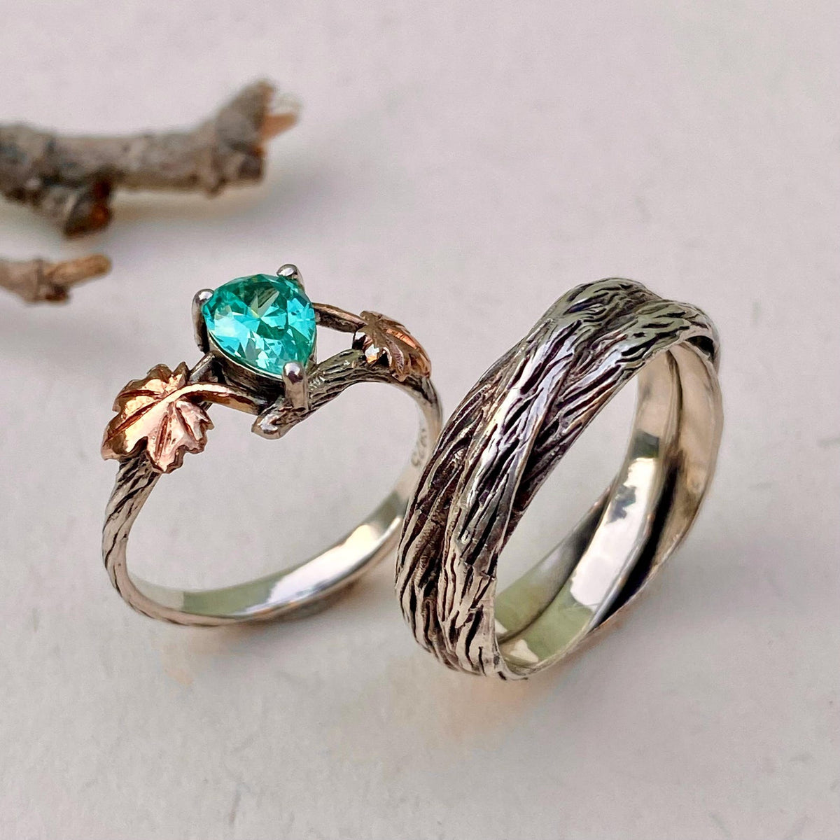 Paraiba Sterling Silver Maple Leaf Ring Set