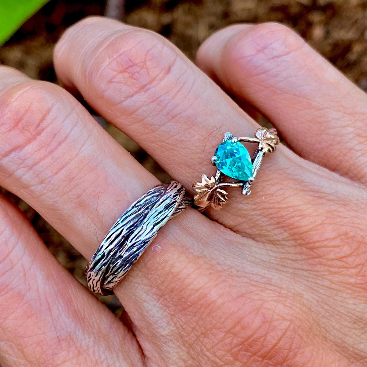 Paraiba Sterling Silver Maple Leaf Ring Set