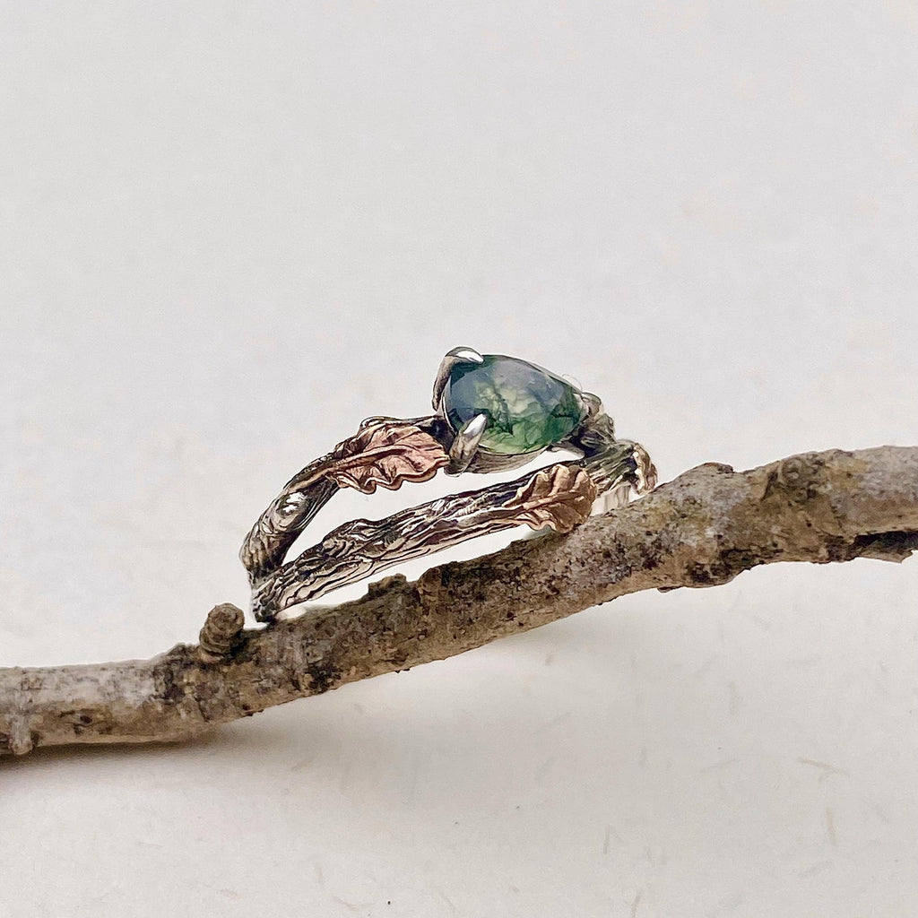 Moss Agate Sterling Silver Oak Leaf Ring