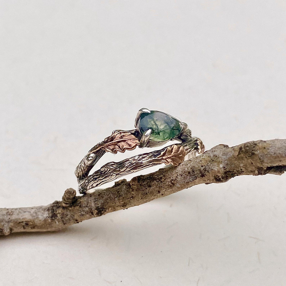 Moss Agate Sterling Silver Oak Leaf Ring