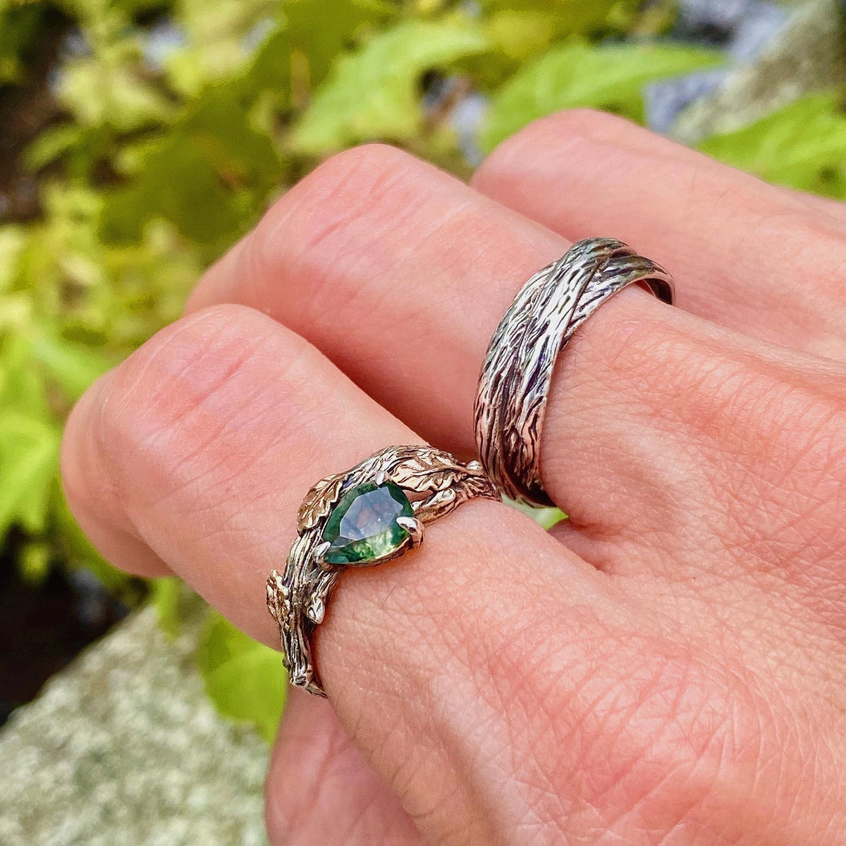 Moss Agate Sterling Silver Oak Leaf Ring Set