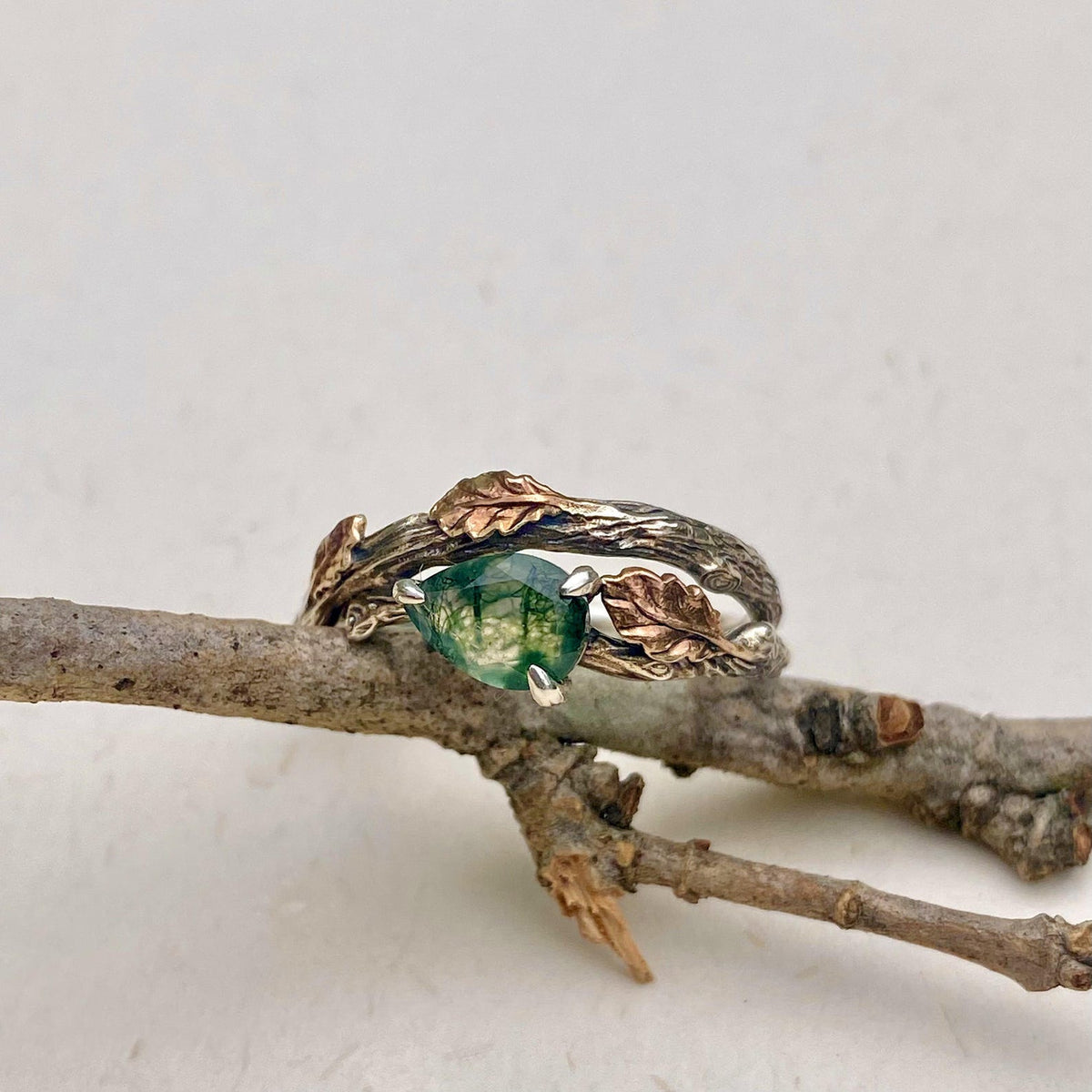 Moss Agate Sterling Silver Oak Leaf Ring Set