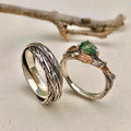 Moss Agate Sterling Silver Oak Leaf Ring Set