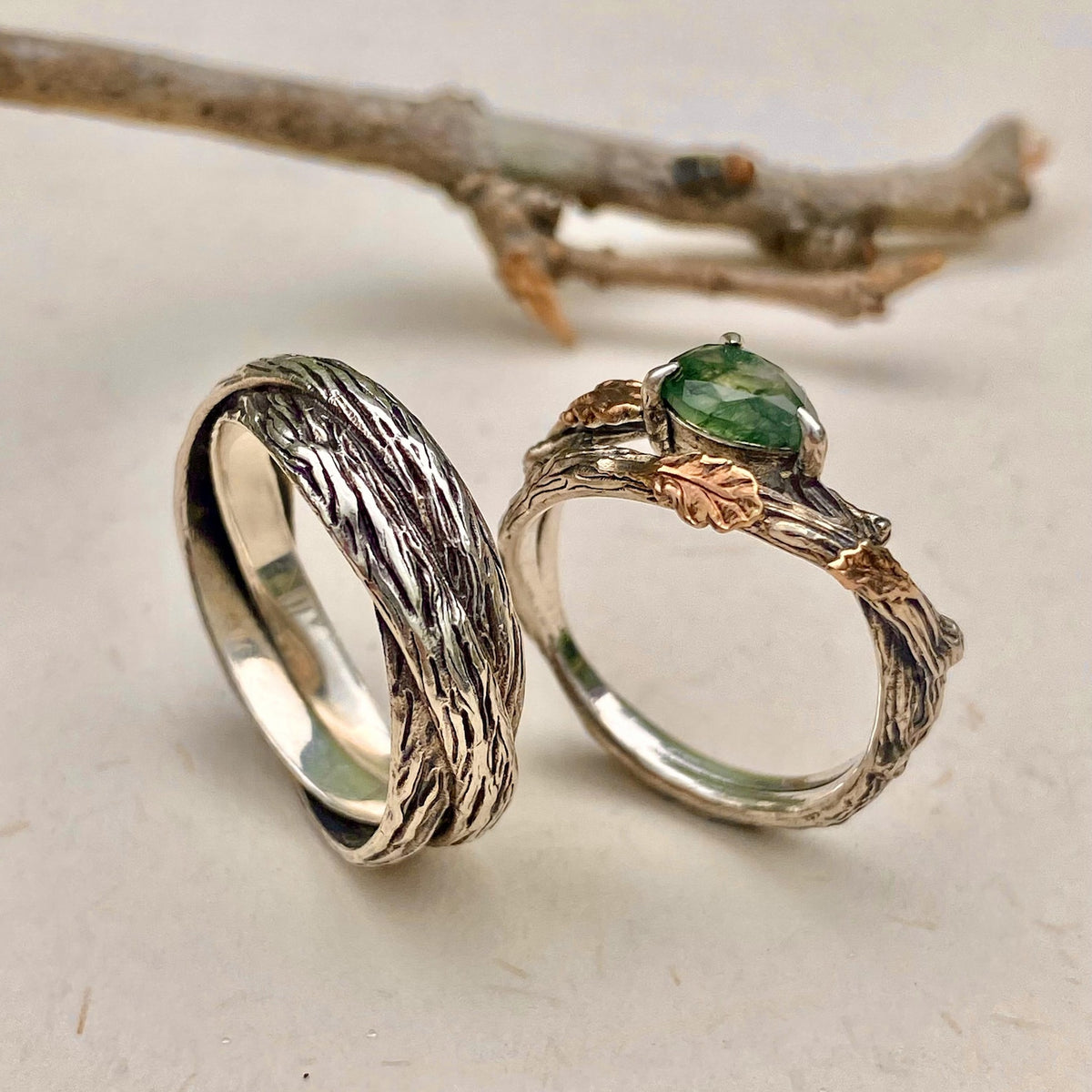 Moss Agate Sterling Silver Oak Leaf Ring Set
