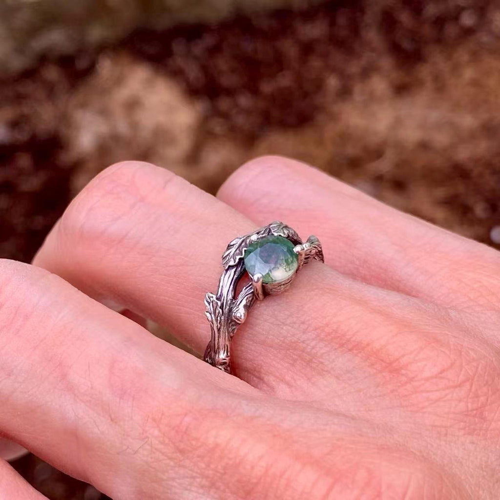 Moss Agate Sterling Silver Oak Leaf Ring