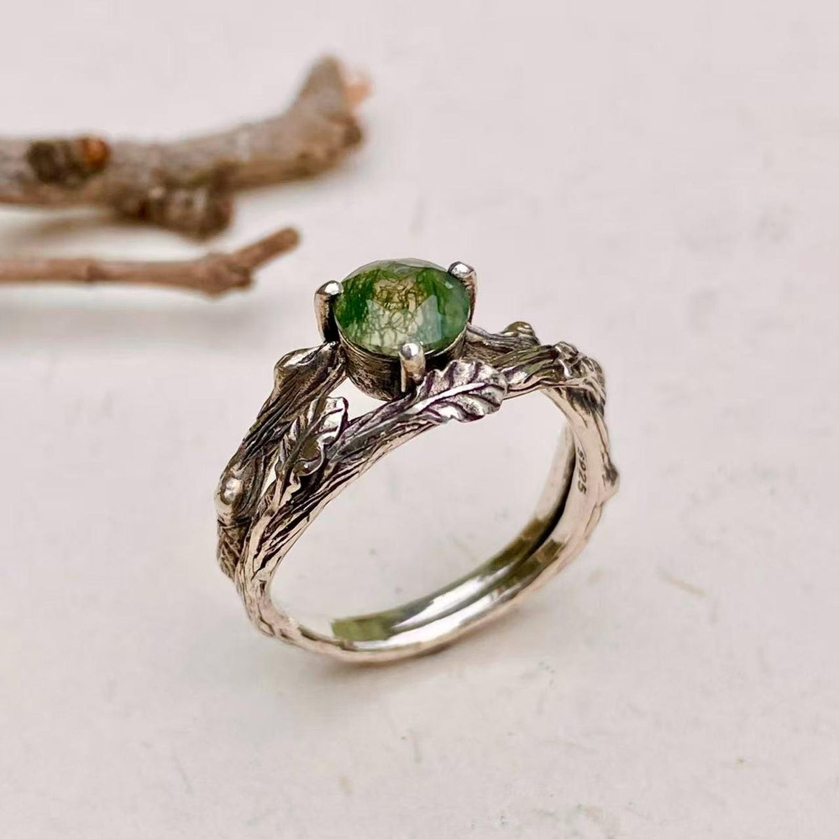 Moss Agate Sterling Silver Oak Leaf Ring