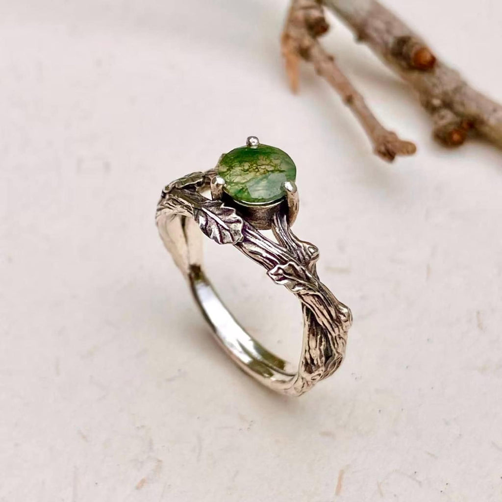 Moss Agate Sterling Silver Oak Leaf Ring