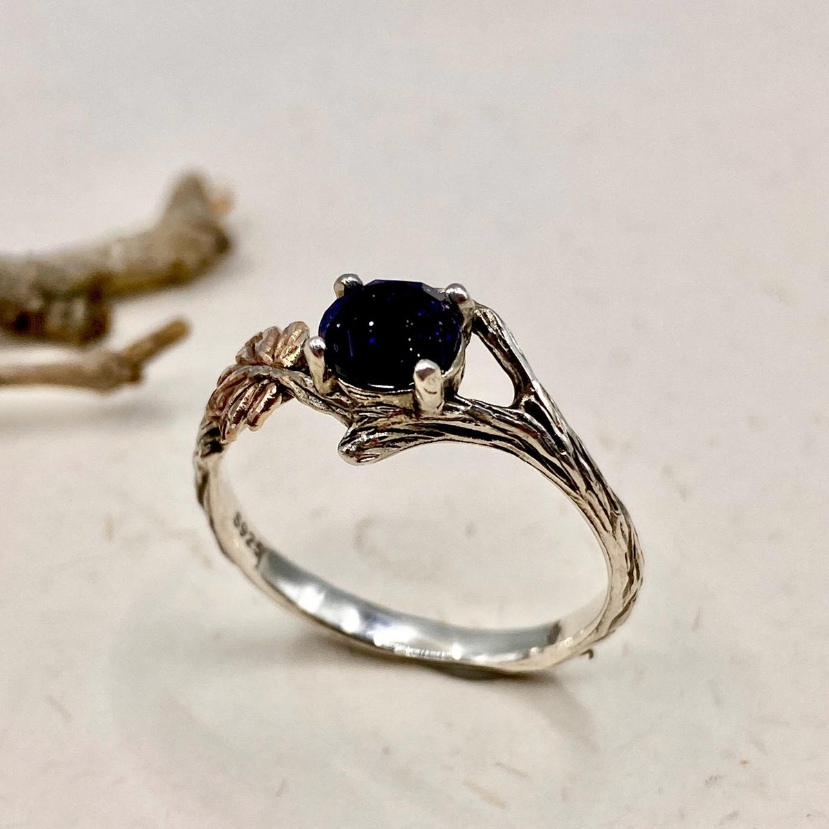Blue Sandstone Sterling Silver Maple Leaf Ring