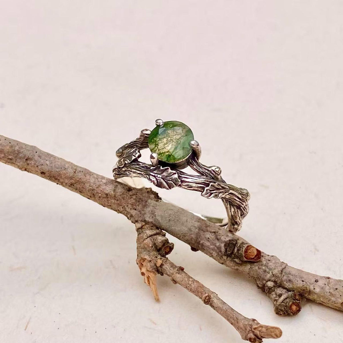 Moss Agate Sterling Silver Oak Leaf Ring