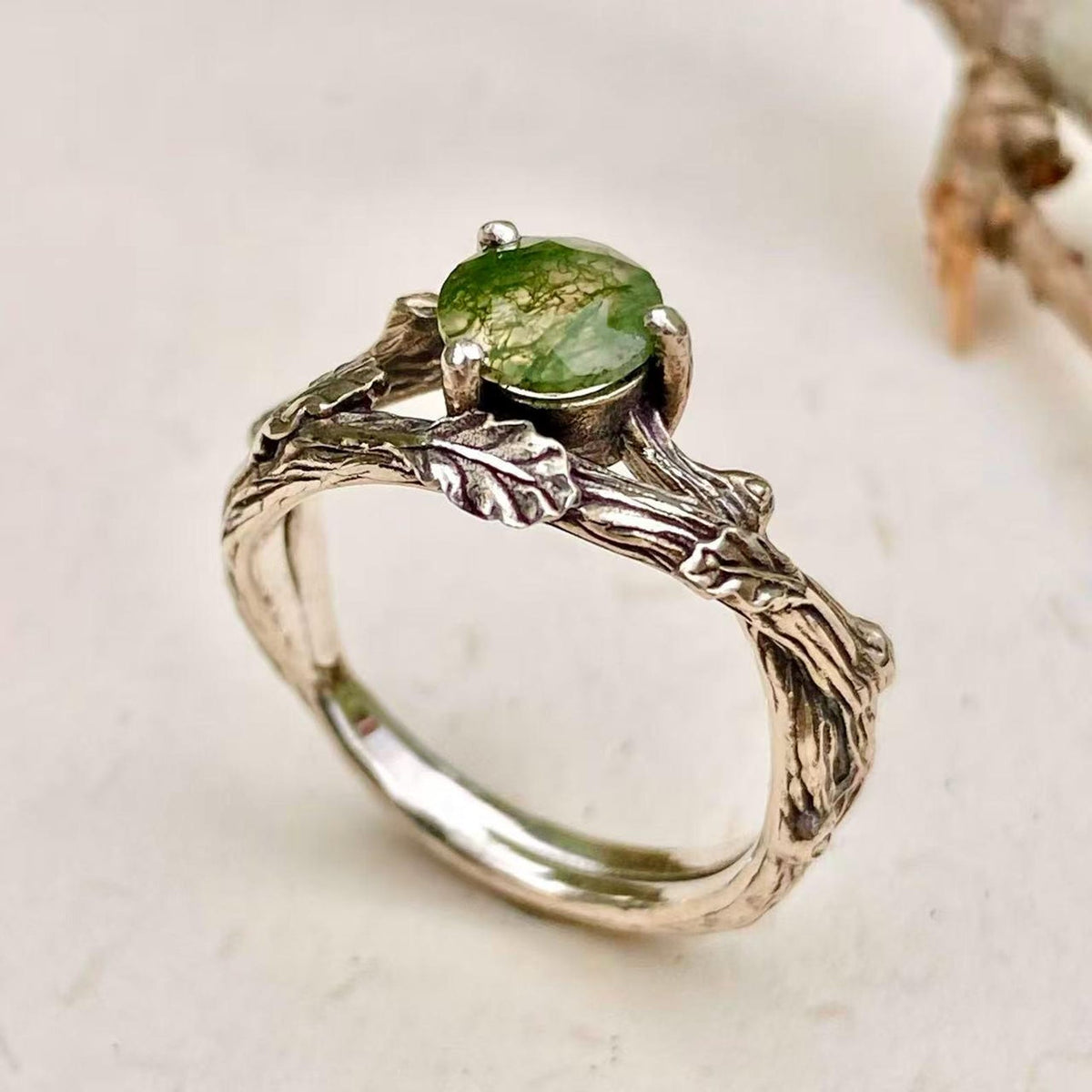 Moss Agate Sterling Silver Oak Leaf Ring