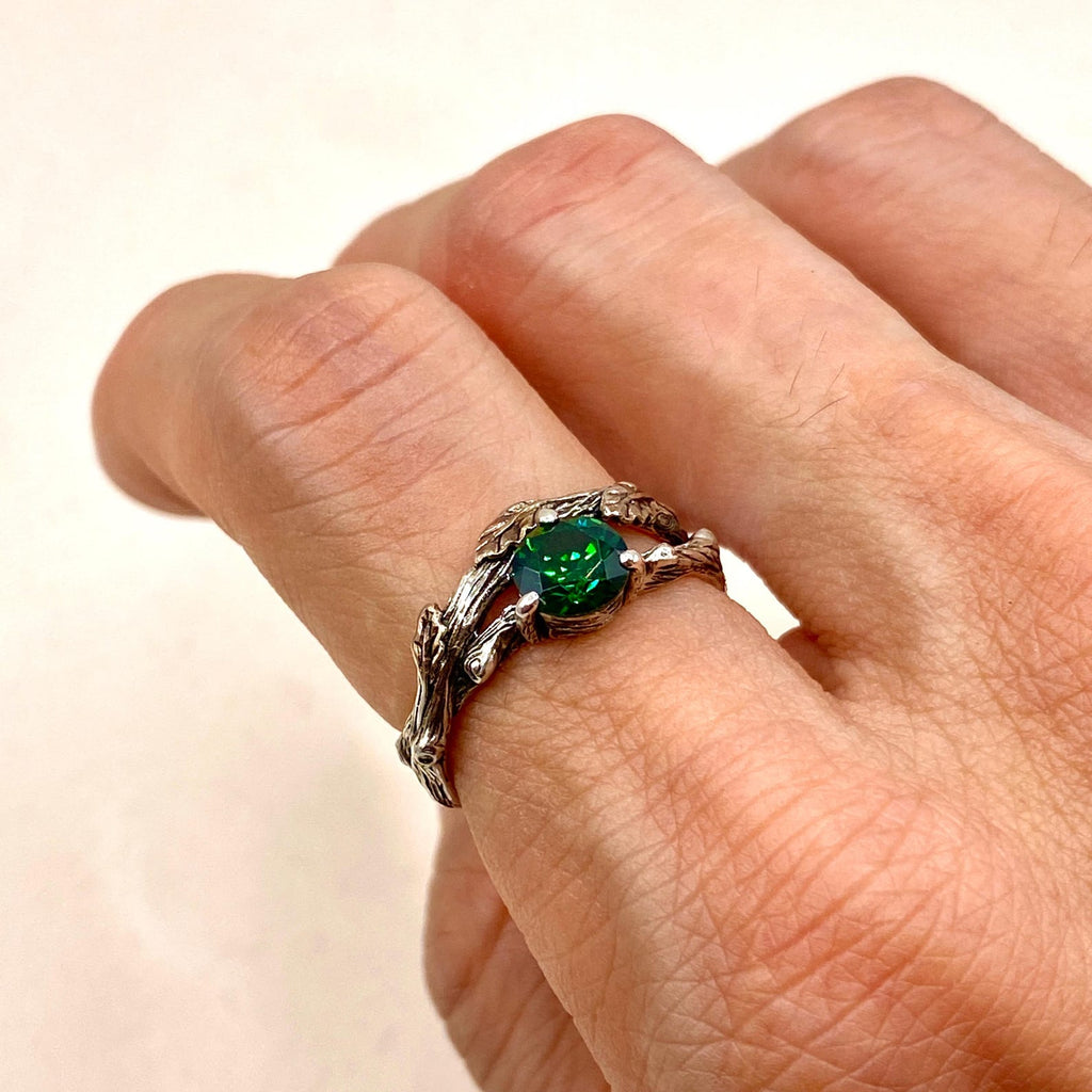 Emerald Sterling Silver Oak Leaf Ring