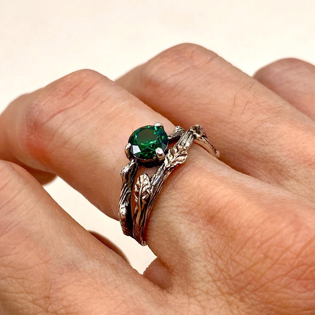 Emerald Sterling Silver Oak Leaf Ring