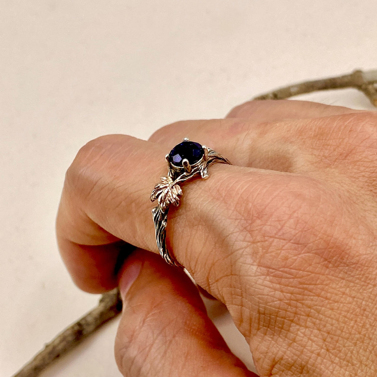 Blue Sandstone Sterling Silver Maple Leaf Ring