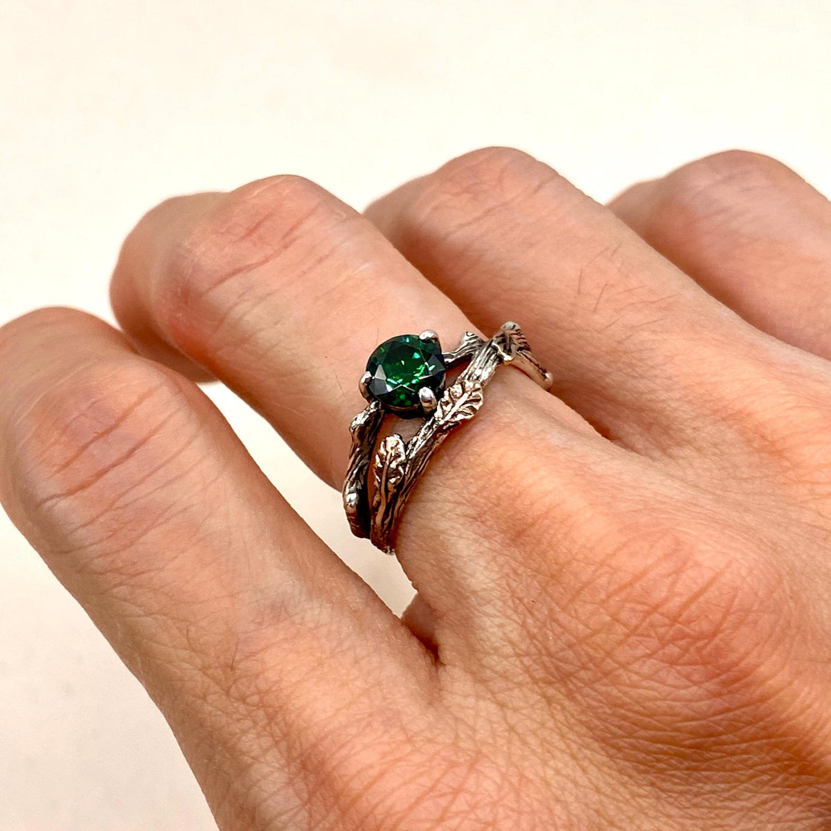Emerald Sterling Silver Oak Leaf Ring