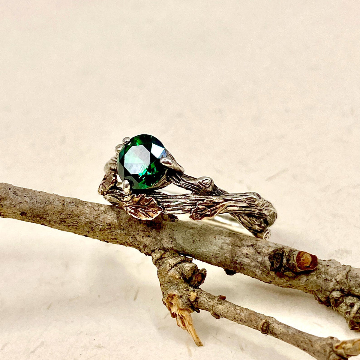 Emerald Sterling Silver Oak Leaf Ring