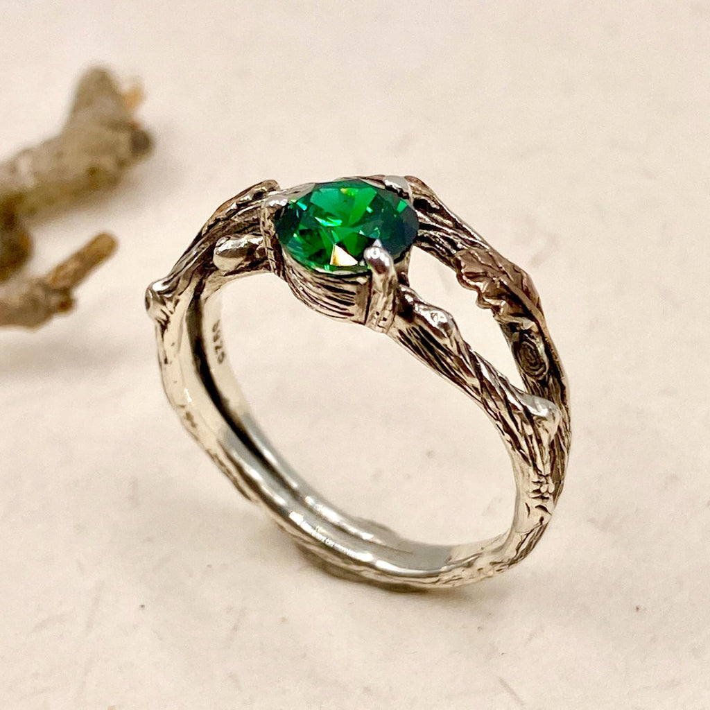 Emerald Sterling Silver Oak Leaf Ring