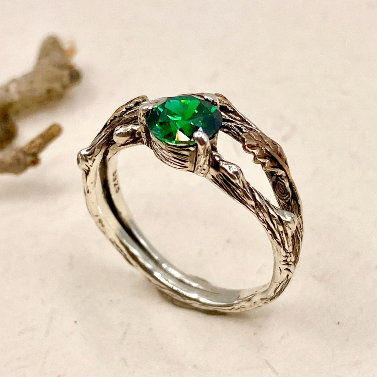 Emerald Sterling Silver Oak Leaf Ring