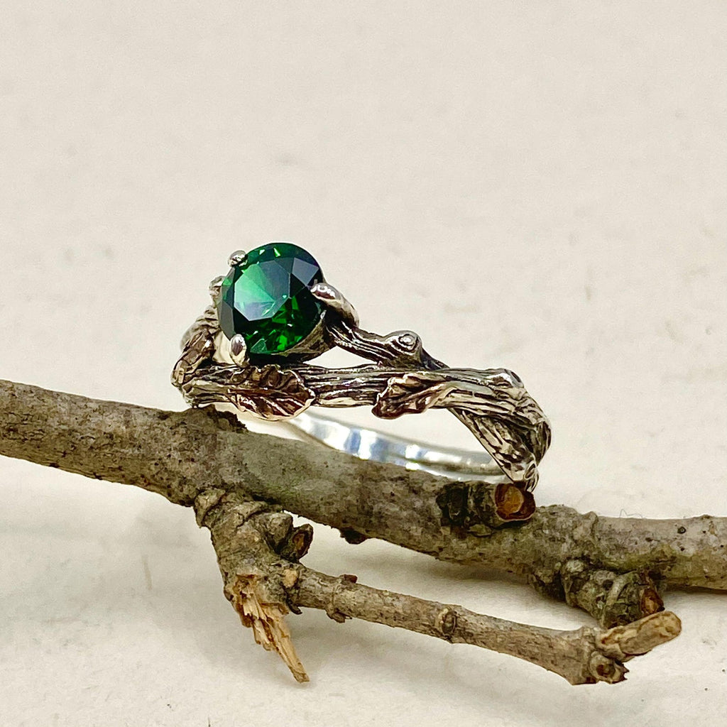 Emerald Sterling Silver Oak Leaf Ring