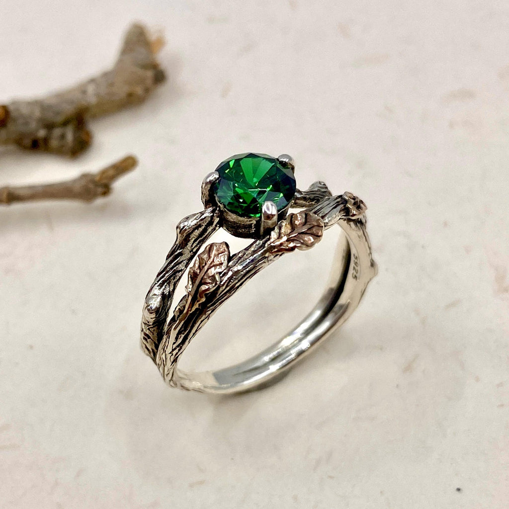 Emerald Sterling Silver Oak Leaf Ring