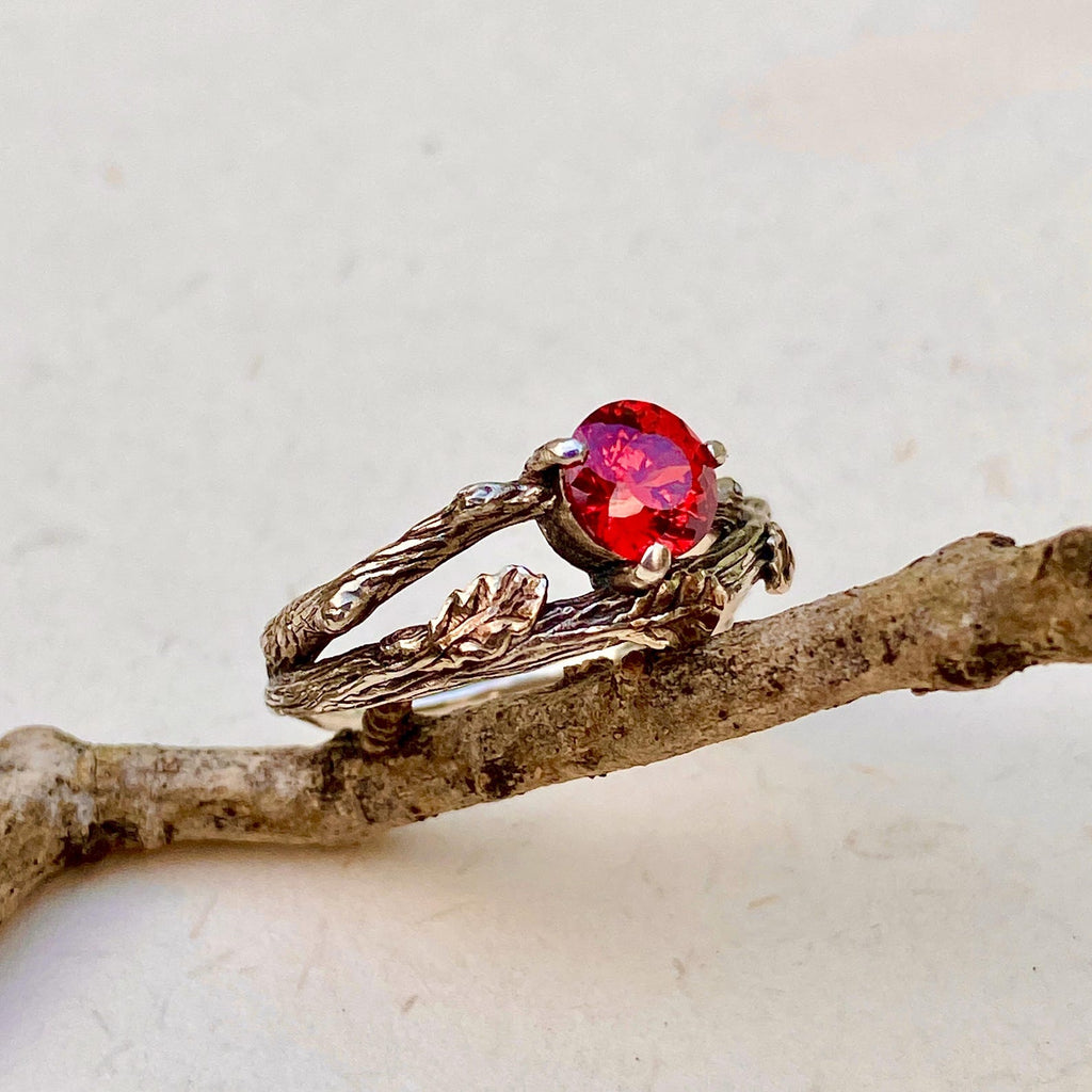 Padparadscha Sterling Silver Oak Leaf Ring