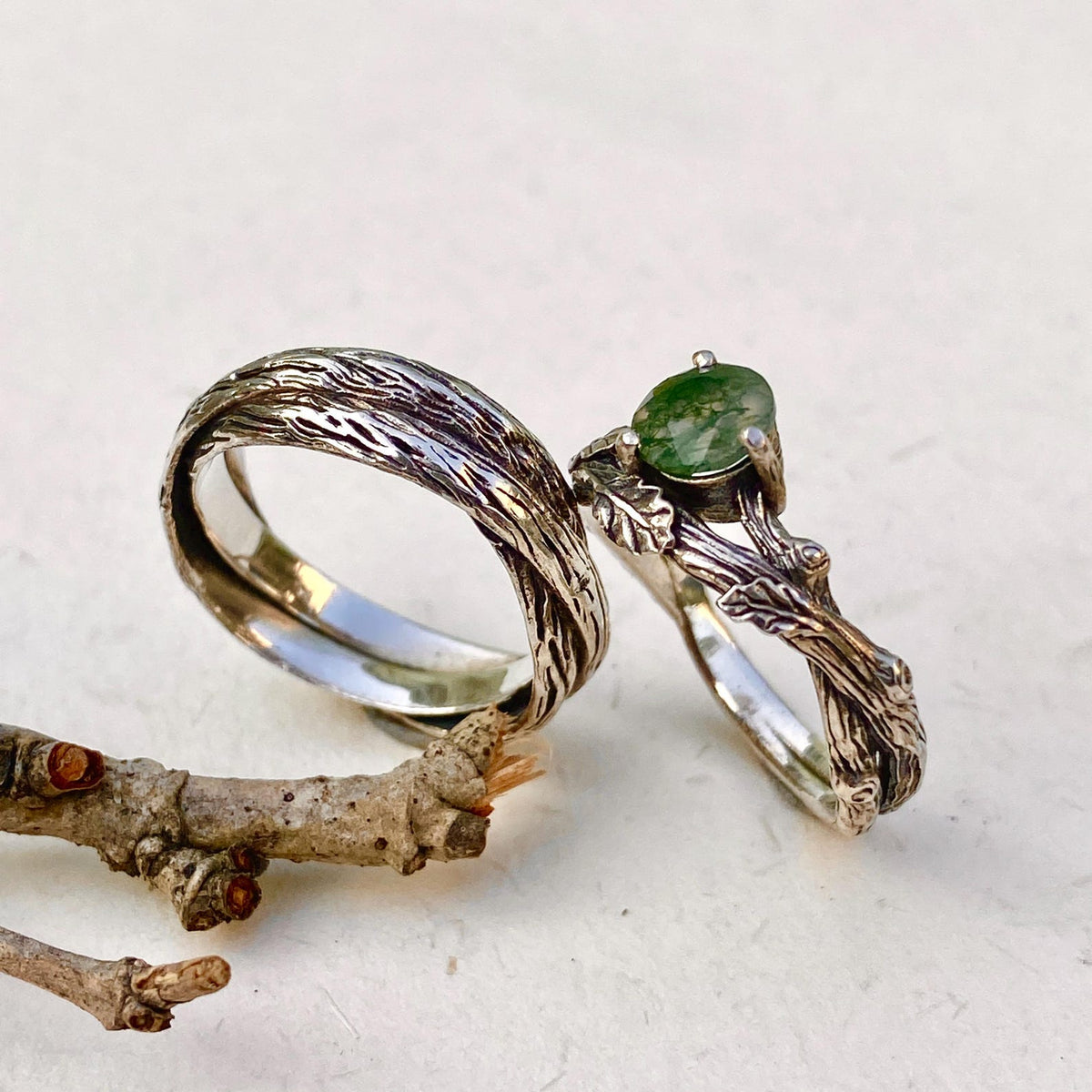 Moss Agate Sterling Silver Oak Leaf Ring Set
