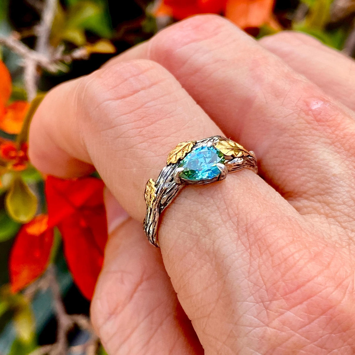 Aquamarine Sterling Silver Oak Leaf Ring