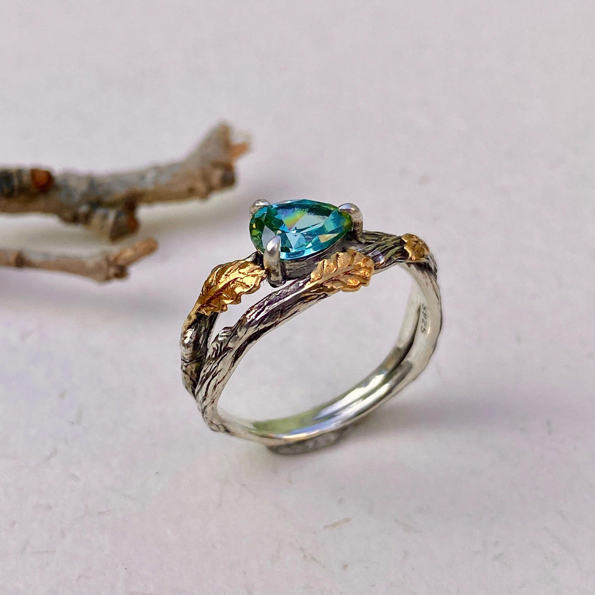 Aquamarine Sterling Silver Oak Leaf Ring
