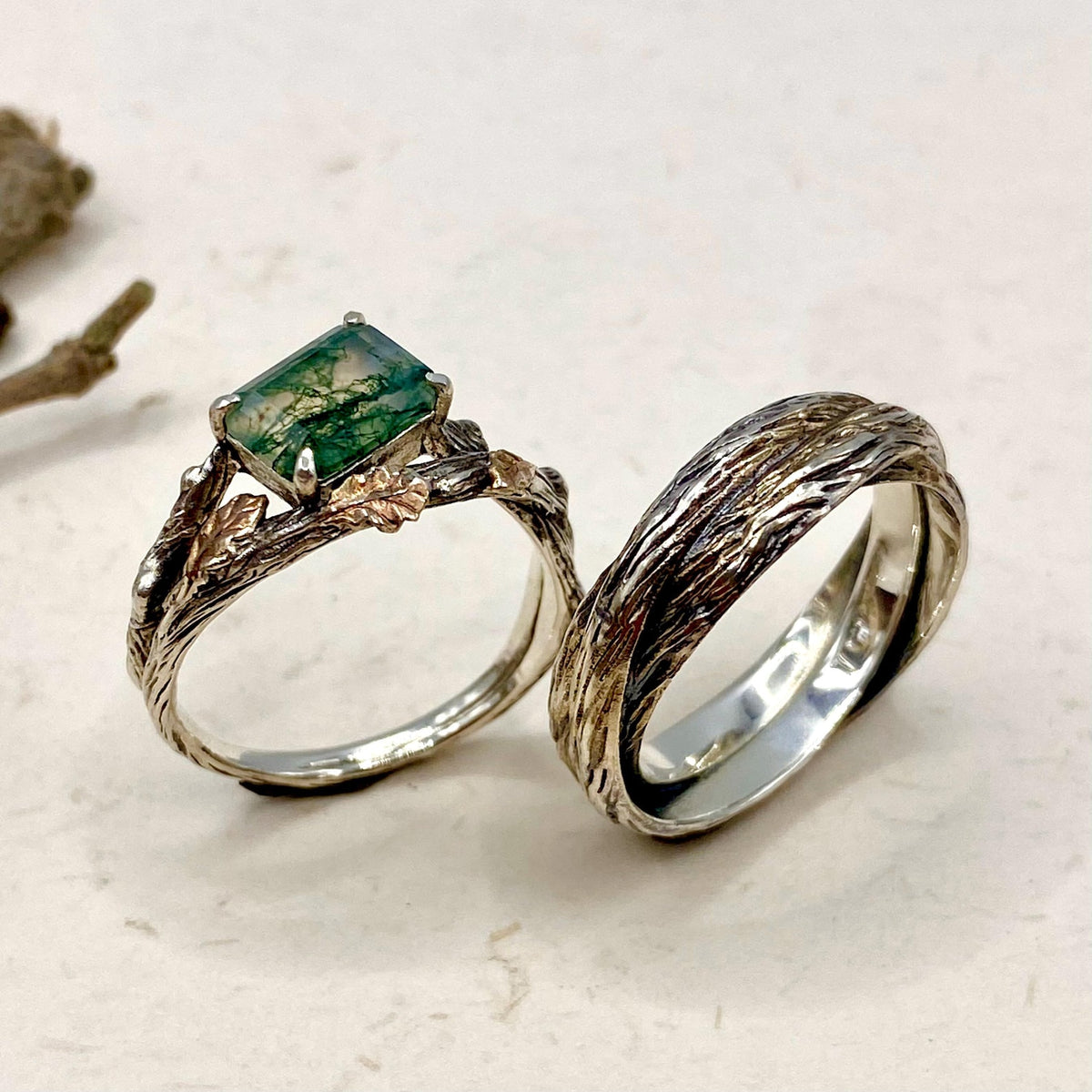 Moss Agate Sterling Silver Oak Leaf Ring Set