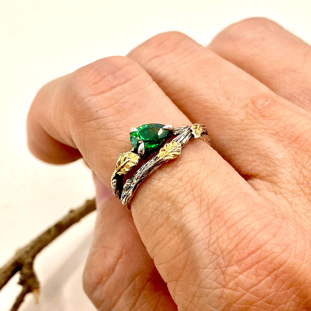 Emerald Sterling Silver Oak Leaf Ring