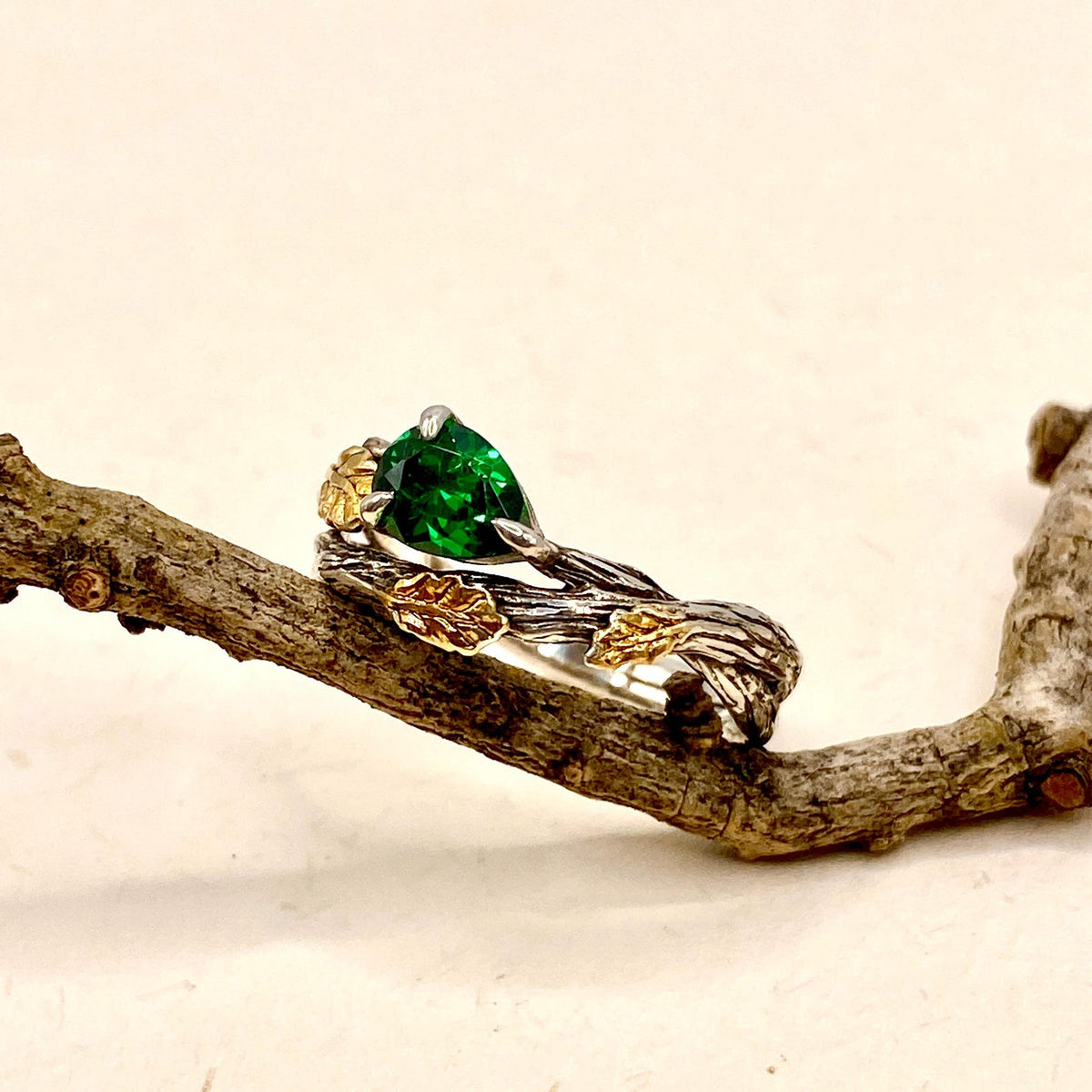 Emerald Sterling Silver Oak Leaf Ring