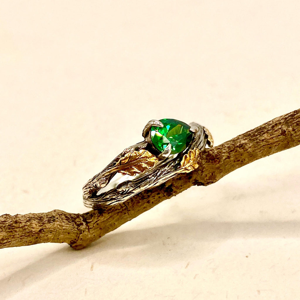 Emerald Sterling Silver Oak Leaf Ring
