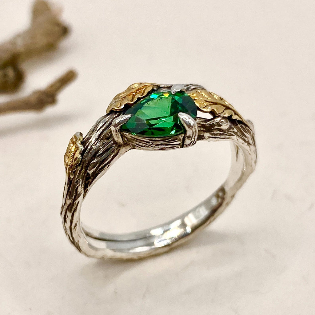 Emerald Sterling Silver Oak Leaf Ring