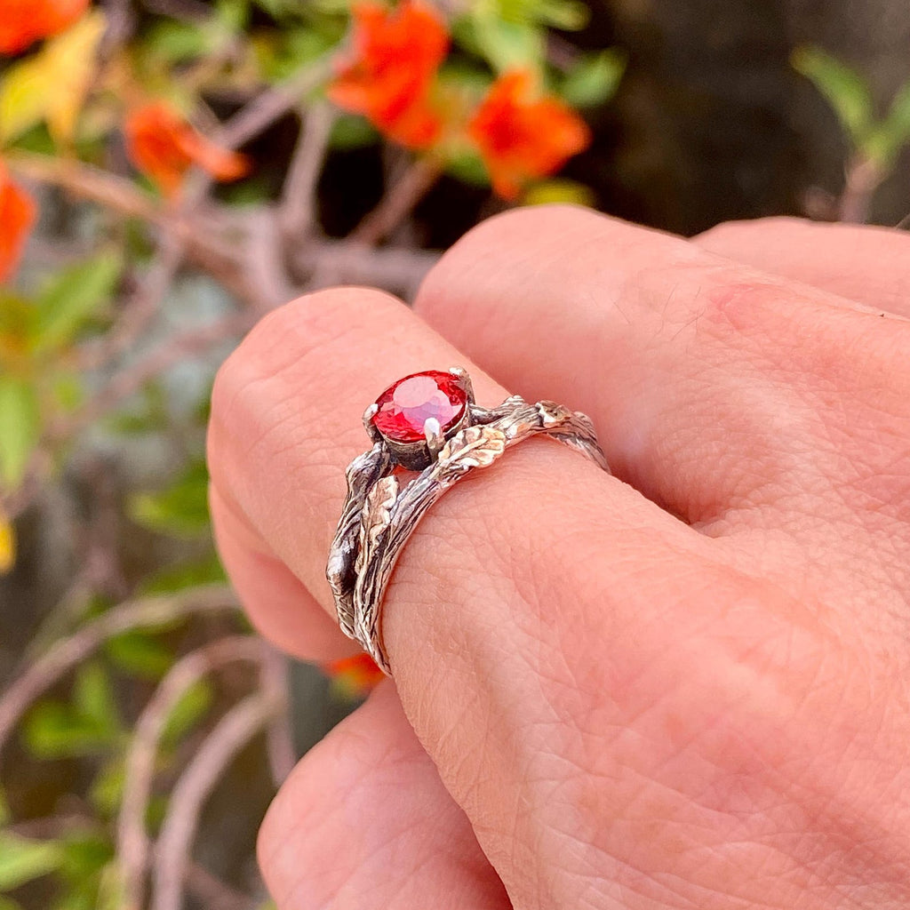 Padparadscha Sterling Silver Oak Leaf Ring