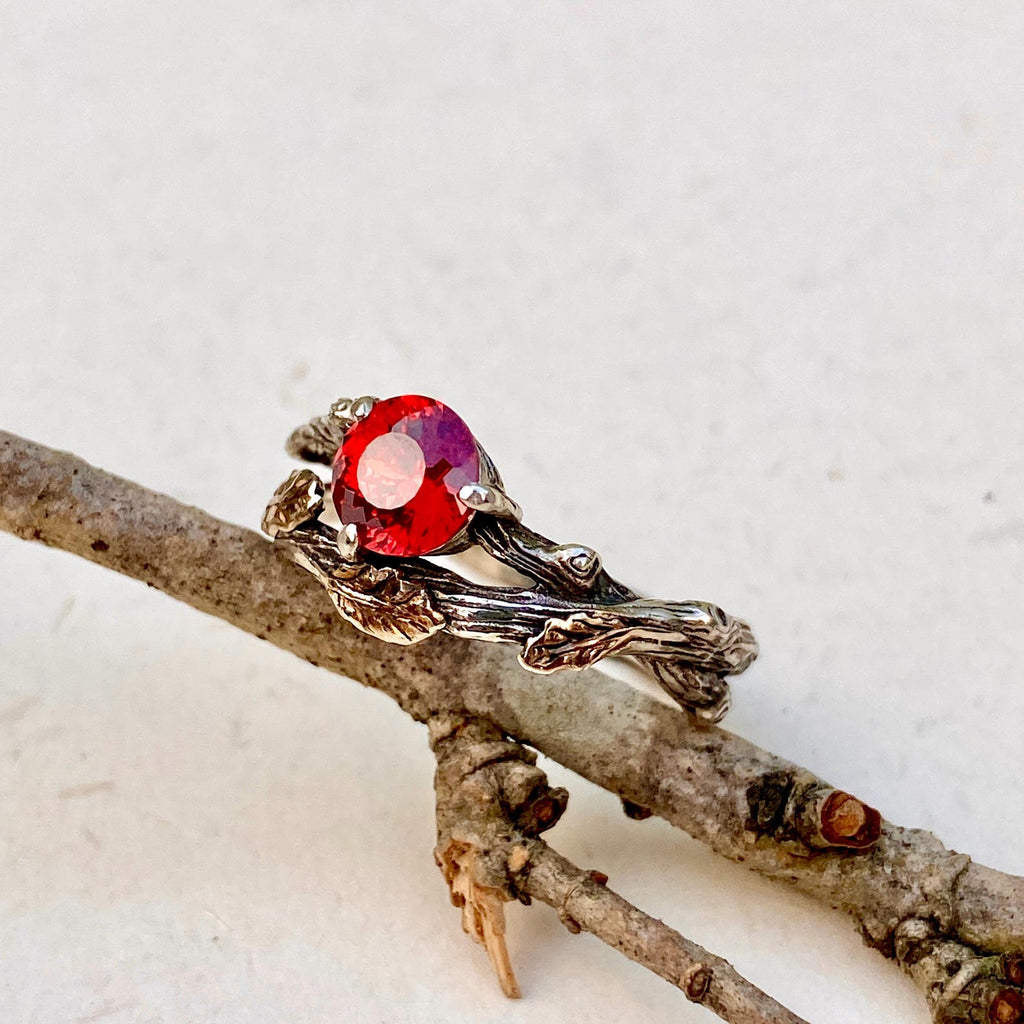 Padparadscha Sterling Silver Oak Leaf Ring