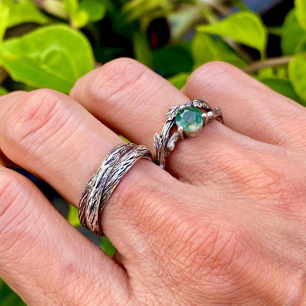 Moss Agate Sterling Silver Oak Leaf Ring Set