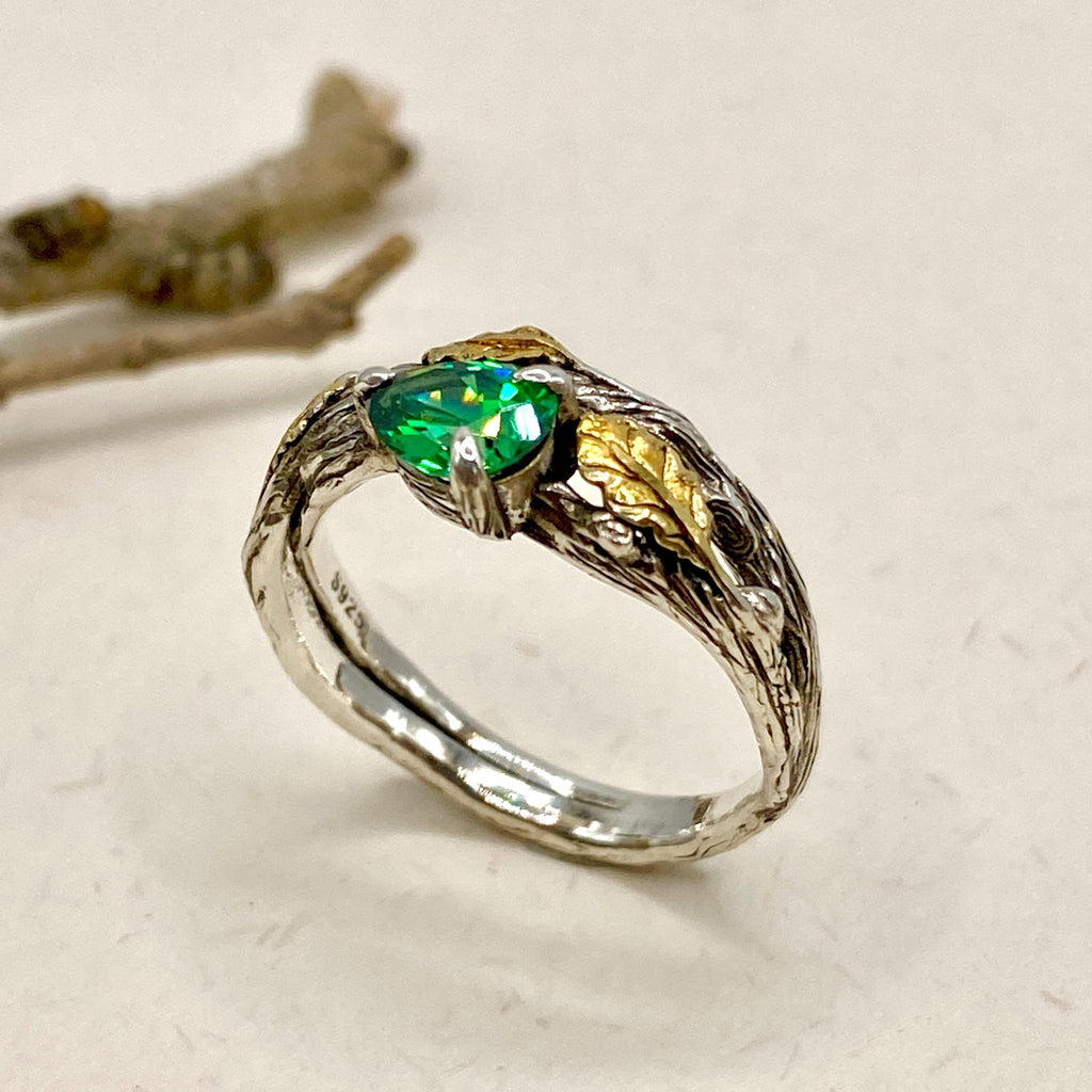 Emerald Sterling Silver Oak Leaf Ring