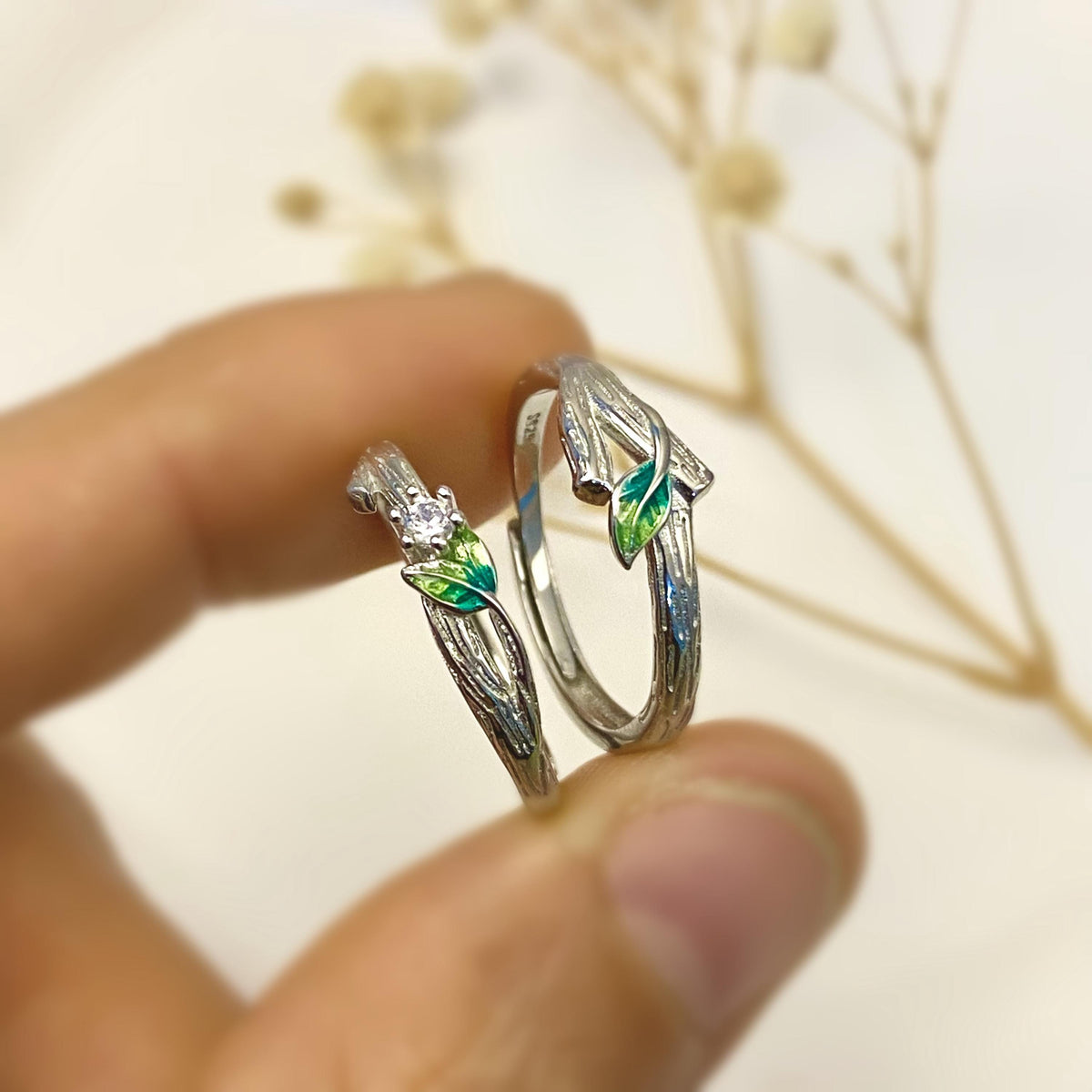 Sterling Silver Enamel Leaf Adjustable Couple Rings