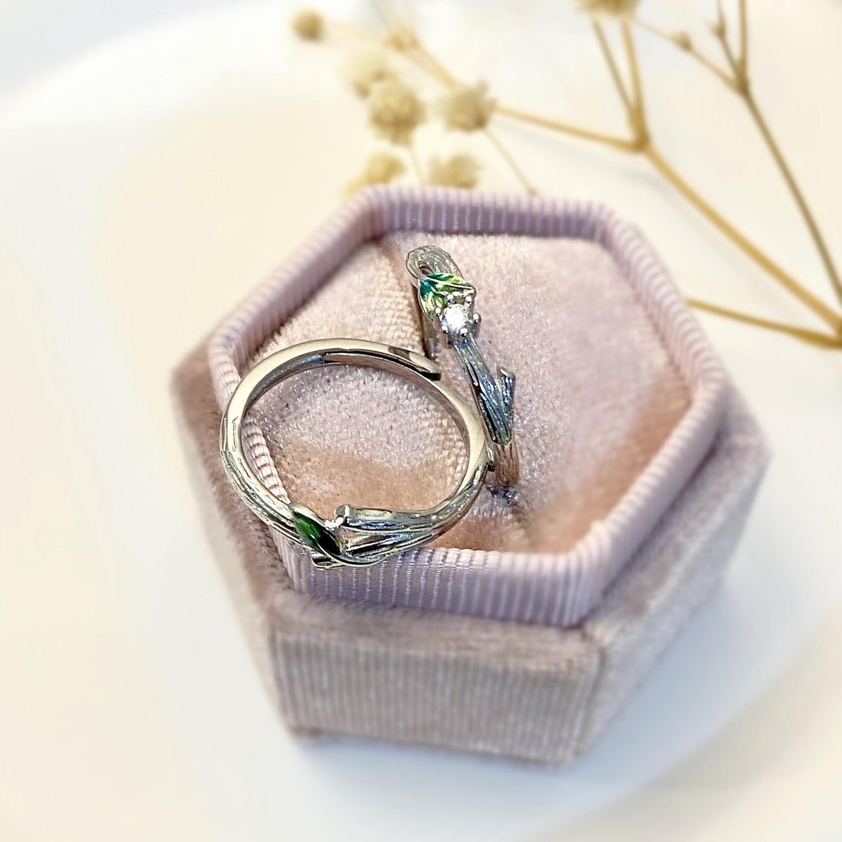 Sterling Silver Enamel Leaf Adjustable Couple Rings