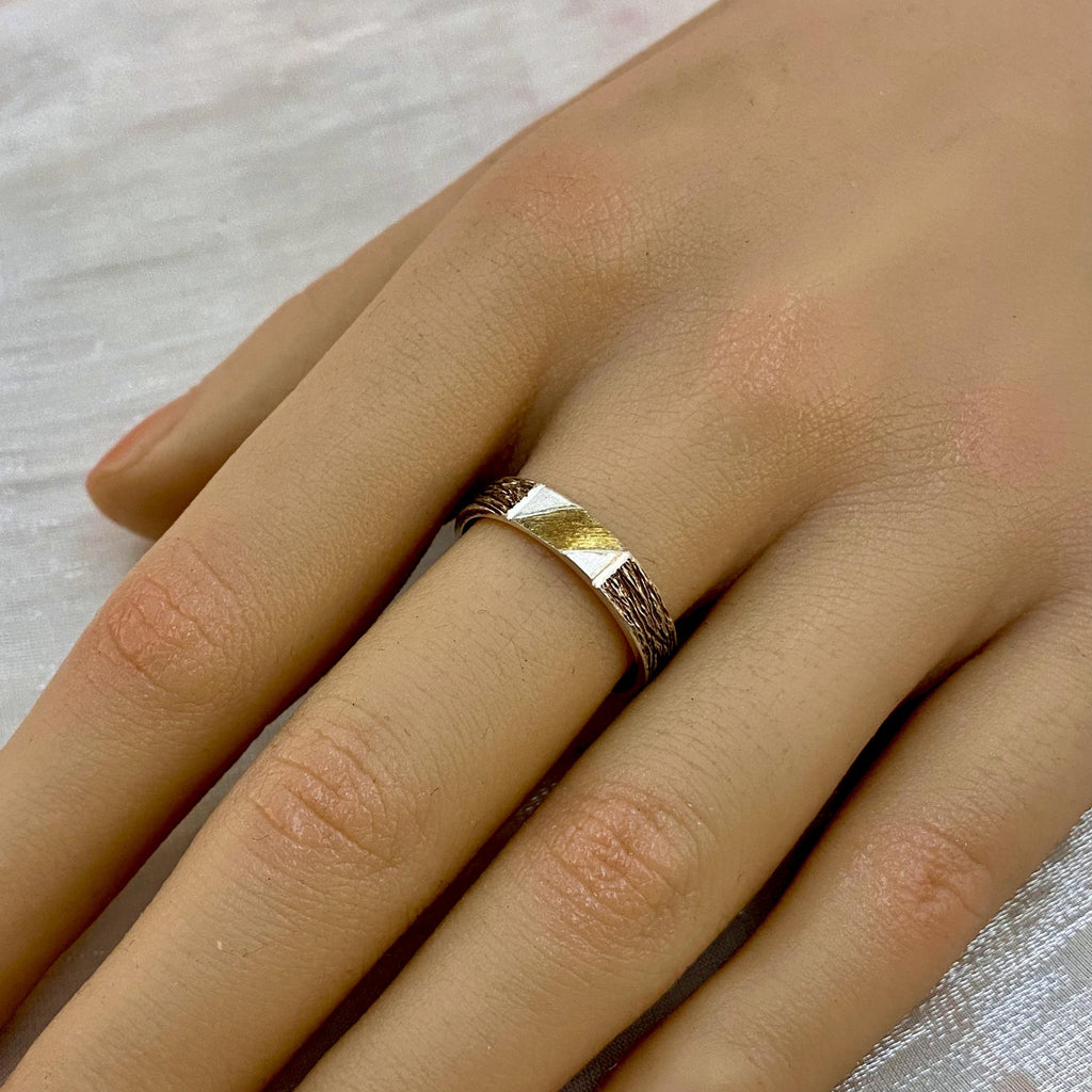 Fine Silver Geometric Bark Ring