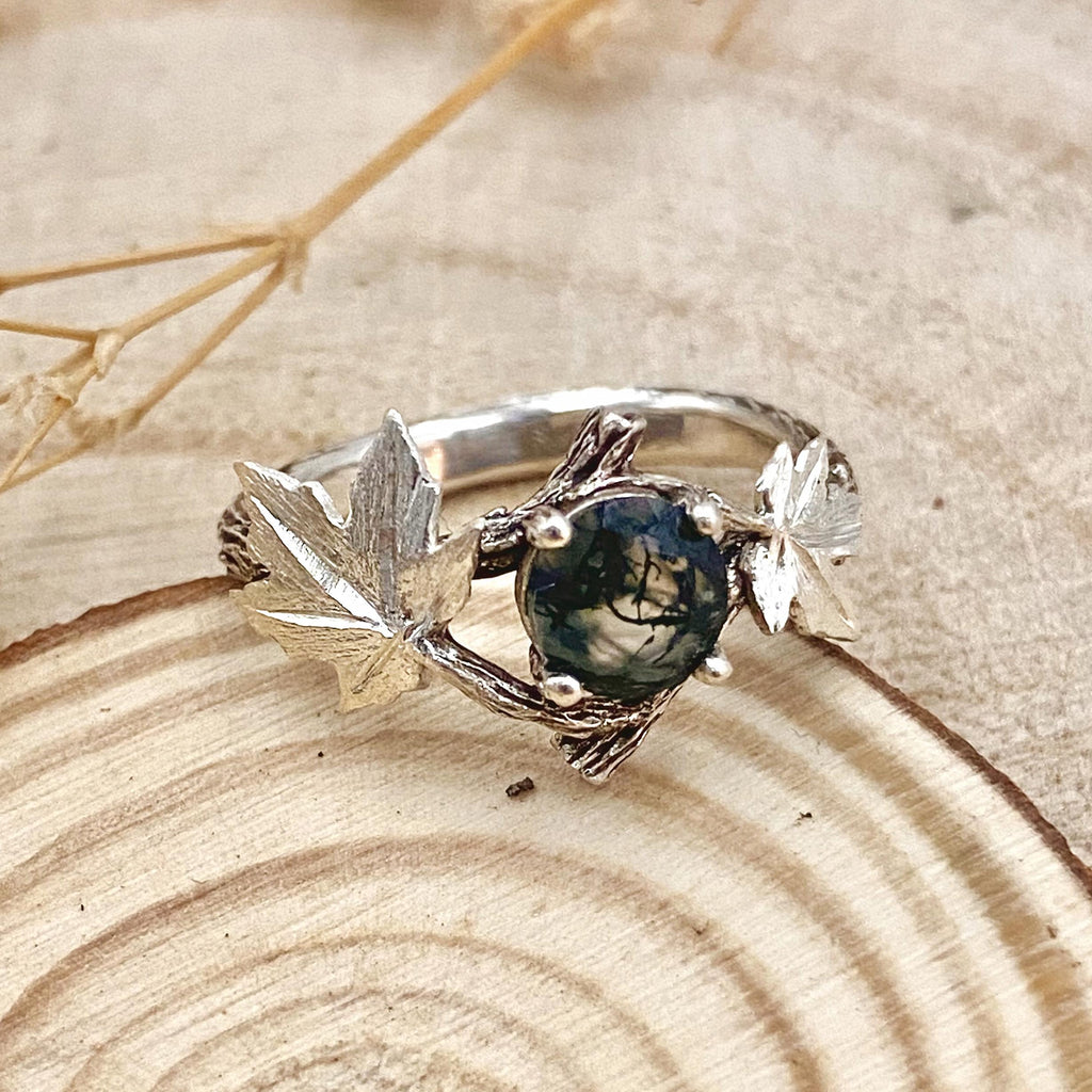 Moss Agate Sterling Silver Maple Leaf Ring