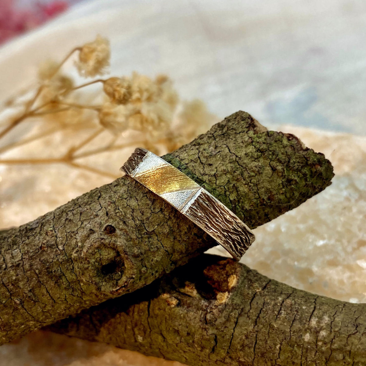 Fine Silver Geometric Bark Ring
