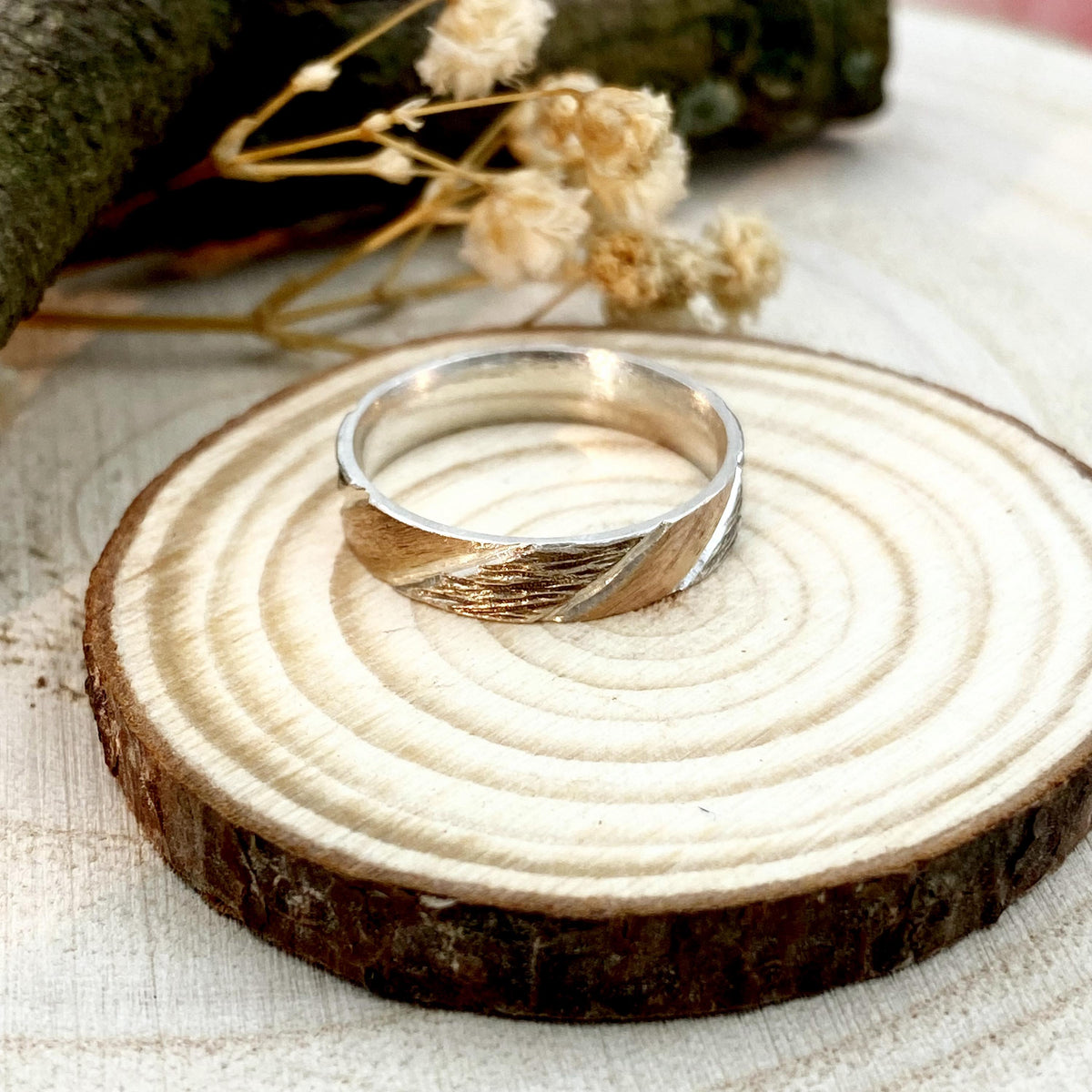 Fine Silver Geometric Bark Ring