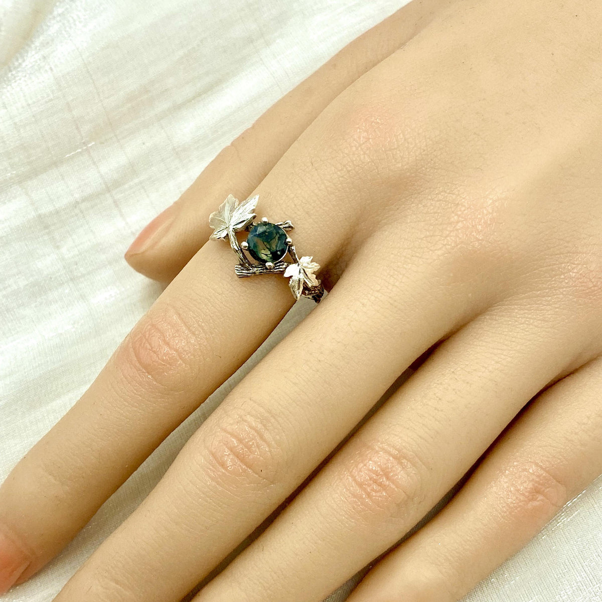 Moss Agate Sterling Silver Maple Leaf Ring