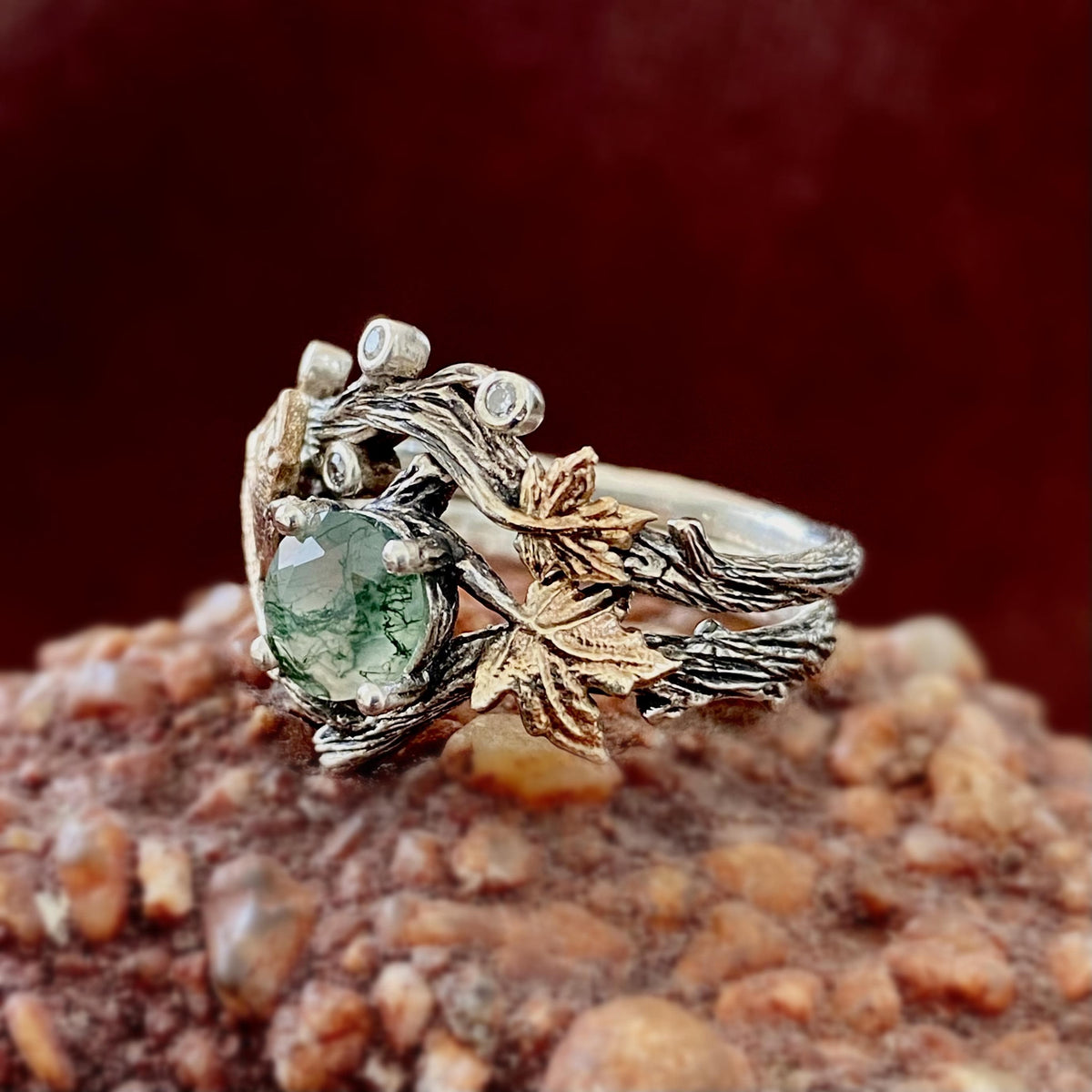 Moss Agate Sterling Silver Twig Ring Set